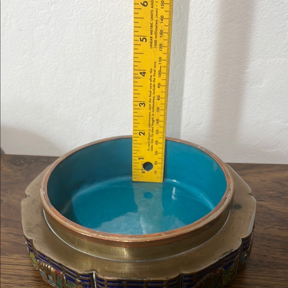 Antique Chinese Tea Caddy Box Repousse Brass Enamel Relief - Picture 7 of 16